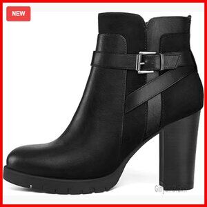 Chunky Heel Ankle Boots with Side Zipper, Waterproof PU, Wide Sizes Available